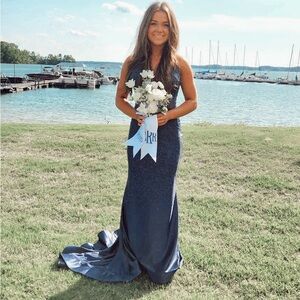 Blue Sleeveless Halter Prom Gown